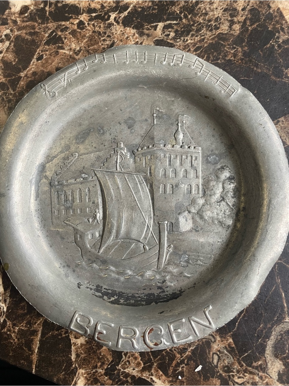 Bergen Decorative Pewter Plate with Sailboat Relief